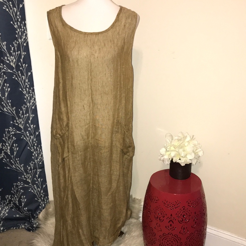 Flax Brown Linen Sleeveless Midi Dress Lagenlook - Picture 1 of 7